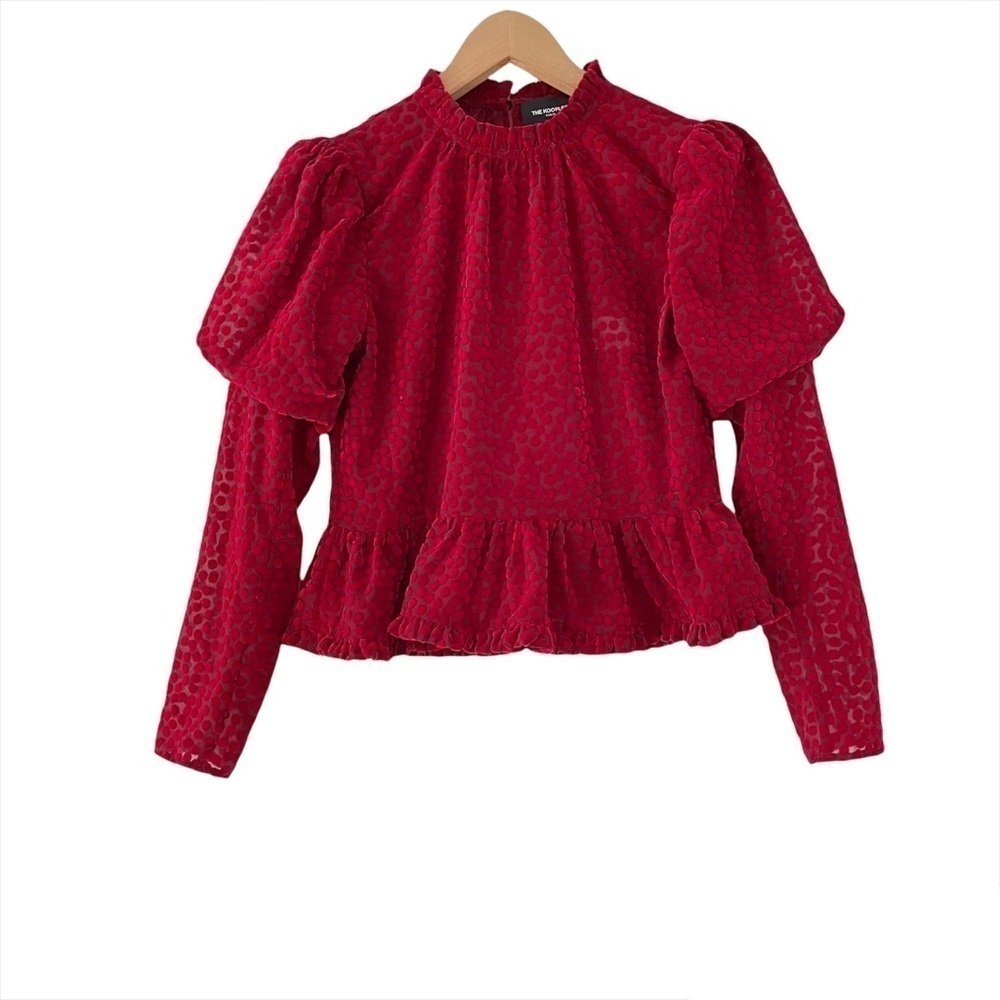 NWT The Kooples Burnout Velvet Polka Dot Puff Shoulder Peplum Long Sleeve Top
